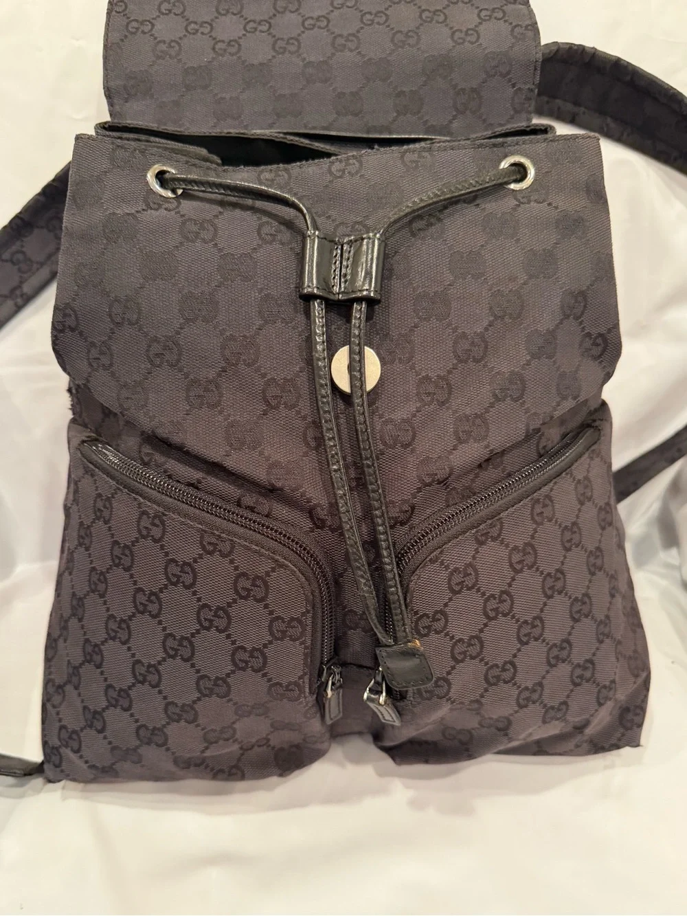 Gucci Black GG Canvas Backpack with Front Zip Pockets